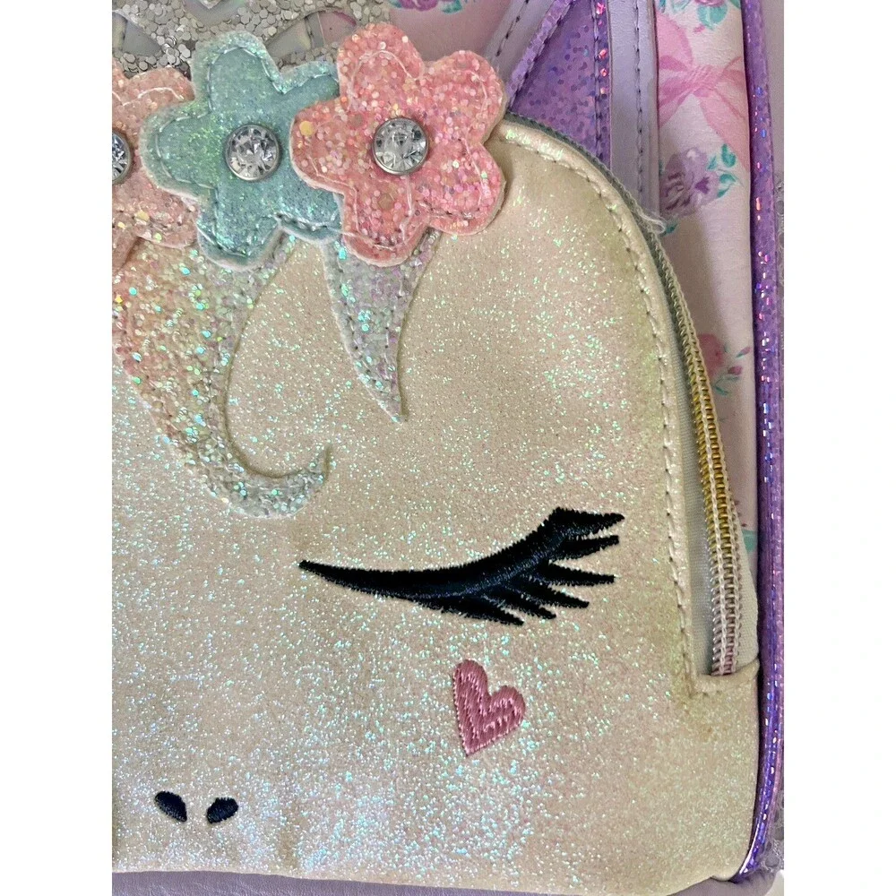 OMG Unicorn Miss Gwen Backpack Purse Purple Glitter Horn 2 Zip Pockets Floral